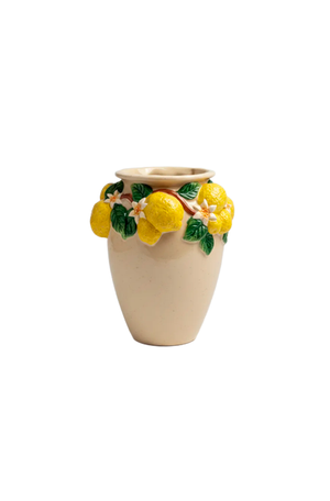 Vaso Decorativo de Limões Bege e Amarelo em Cerâmica 23cm