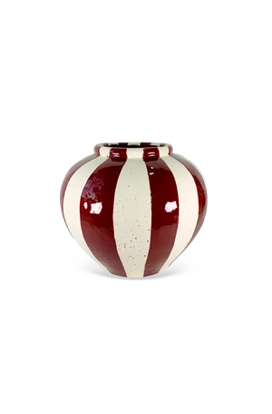 Vaso Decorativo Listrado Vermelho e Bege em Cerâmica 20cm