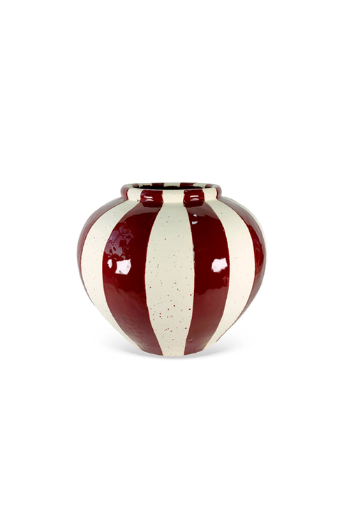Vaso Decorativo Listrado Vermelho e Bege em Cerâmica 20cm