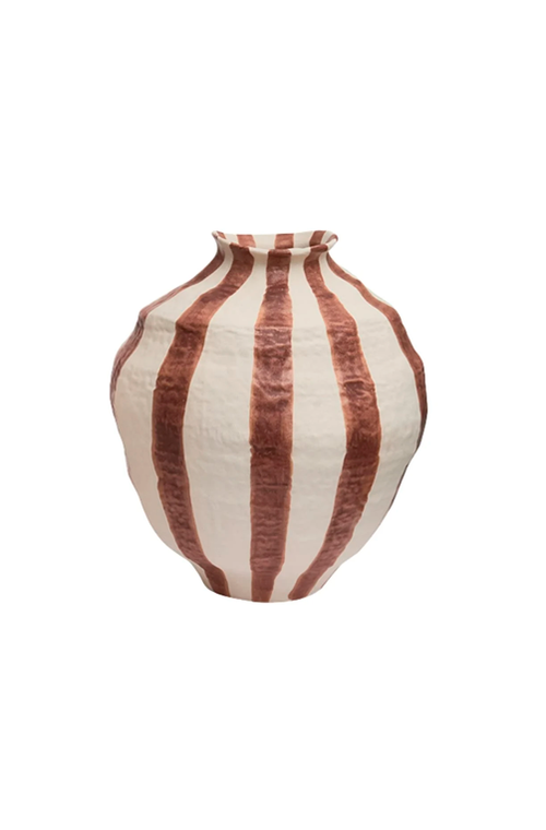 Vaso Decorativo com Listras Branco e Marrom em Cerâmica