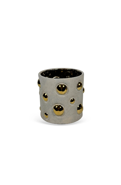 Vaso Decorativo com Esferas Bege e Detalhe Dourado em Cerâmica 19,5cm