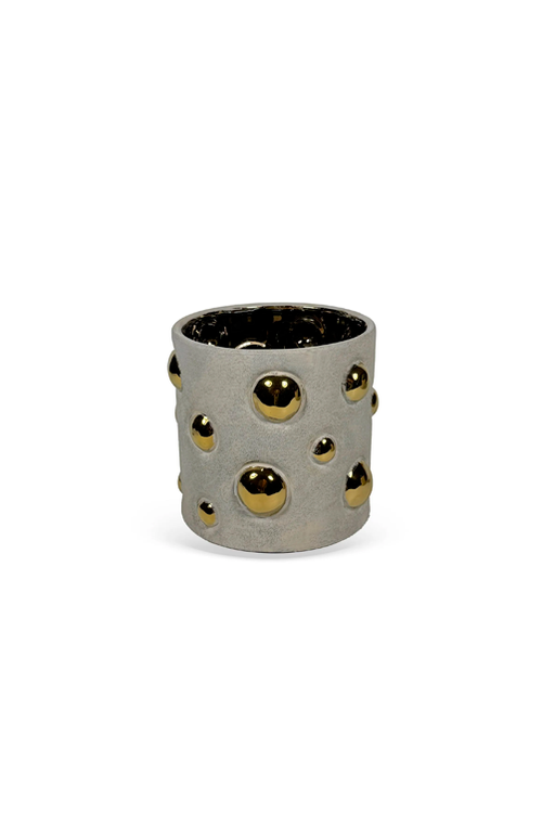 Vaso Decorativo com Esferas Bege e Detalhe Dourado em Cerâmica 19,5cm