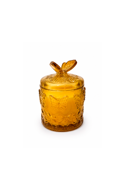 Vela Perfumada Premium Vegana Wood Blossom com Tampa de Borboleta Amarelo 160g