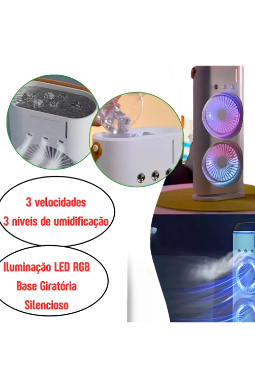 Ventilador Umidificador Duplo Torre 3 Velocidades Portátil Climatizador de Led