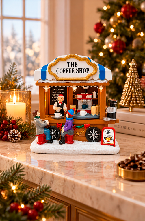 Vila Natalina Decorativa Barraca de Café com Personagens e Neve com Luz e Movimento