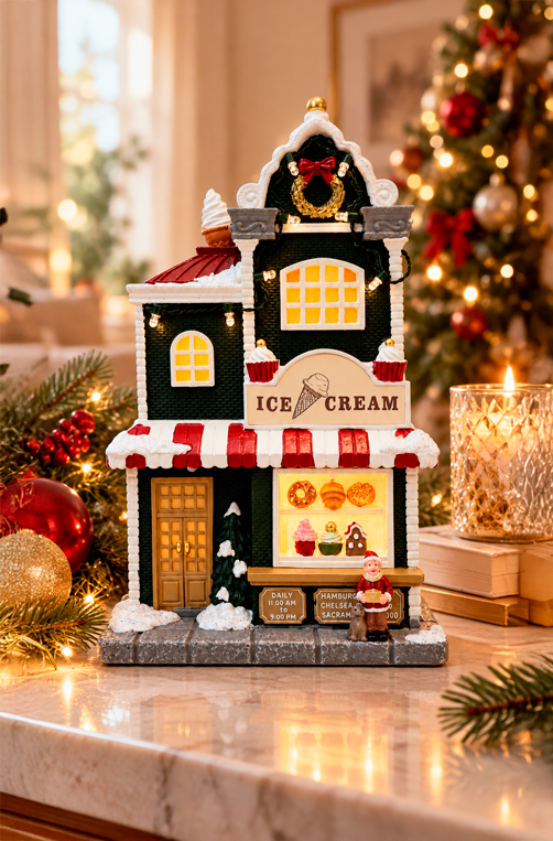 Vila Natalina Decorativa Sorveteria com Luz Personagem e Neve