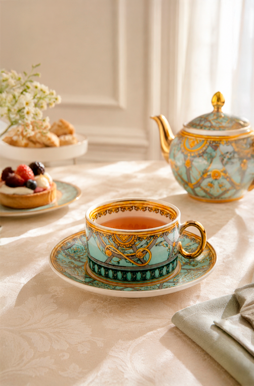 Jogo de Xicaras de Chá Rocaille Azul em New Bone China 170ml 8 Peças