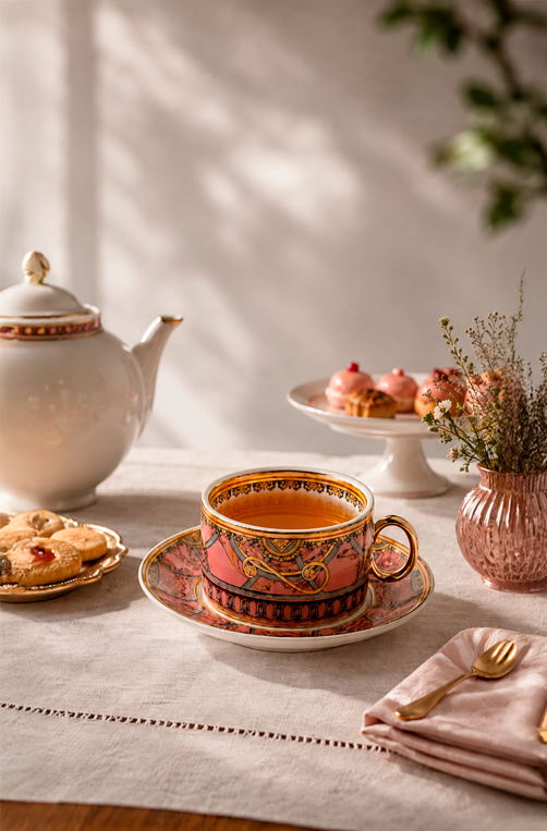 Jogo de Xicaras de Chá Rocaille Salmão em New Bone China 170ml 8 Peças