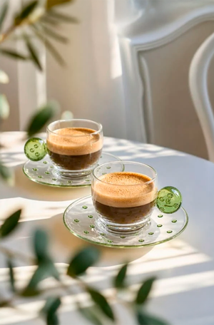Conjunto de Xicara com Pires de Esfera Verde em Vidro 120ml 6 Peças