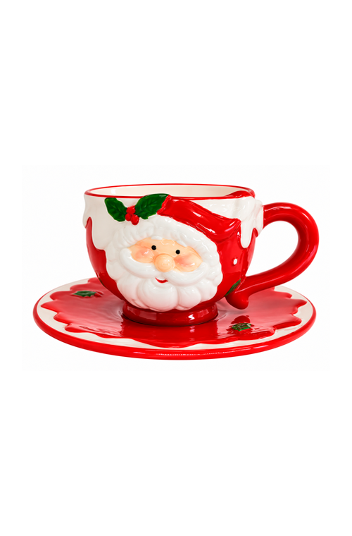 Xicara com Pires Natalino Papai Noel em Cerâmica 300ml