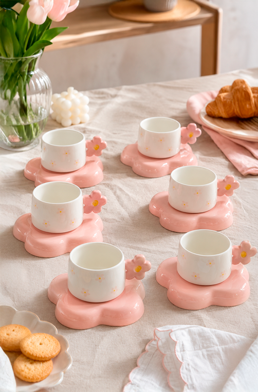 Conjunto de Xicara com Pires Linha Flowers em Cerâmica 90ml 6 Peças