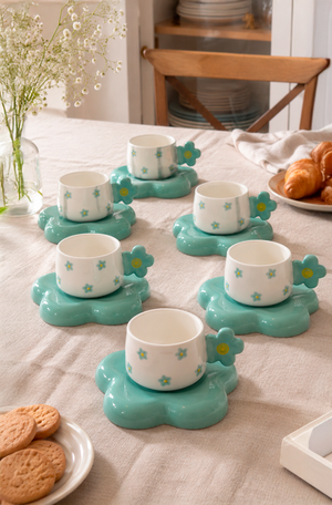 Conjunto de Xicara com Pires Linha Flowers em Cerâmica 90ml 6 Peças