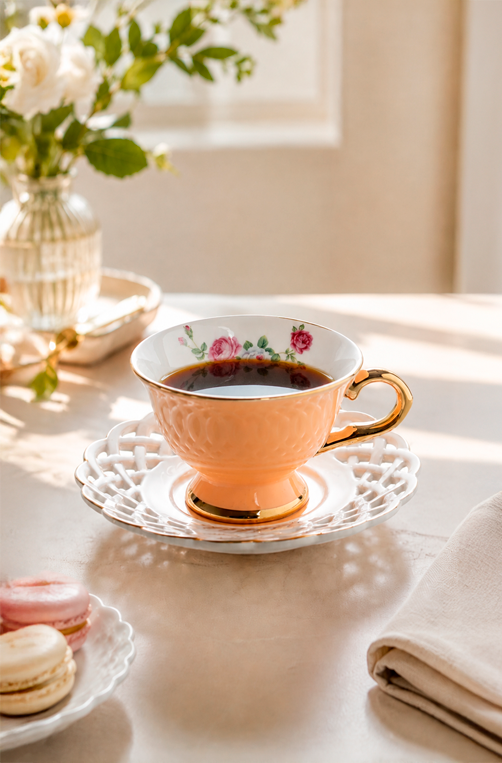 Jogo de Xicaras de Café Mon Désir com Filado Dourado em New Bone China 90ml 8 Peças