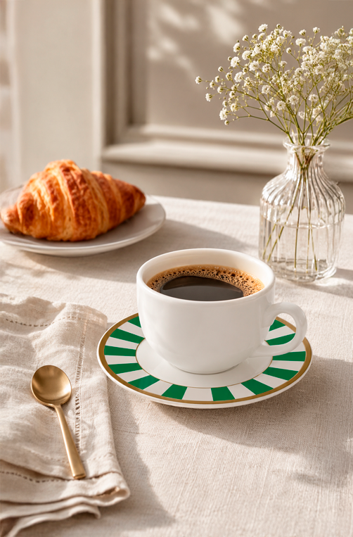 Xicara de Café com Pires Stripe Verde em Cerâmica 85ml
