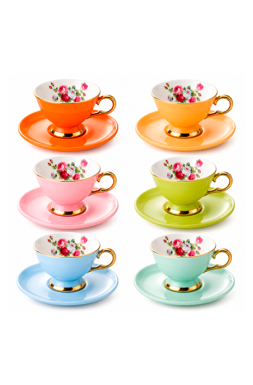Jogo de Xicaras de Café com Pires Chromesse Colorido em New Bone China 90ml 12 Peças