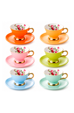 Jogo de Xicaras de Café com Pires Chromesse Colorido em New Bone China 90ml 12 Peças