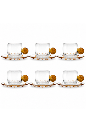 Conjunto de Xicara com Pires de Esfera Âmbar em Vidro 120ml 6 Peças