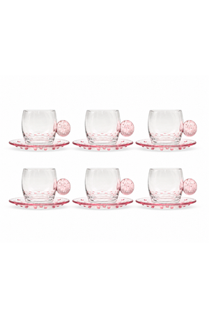 Conjunto de Xicara com Pires de Esfera Rosa em Vidro 120ml 6 Peças