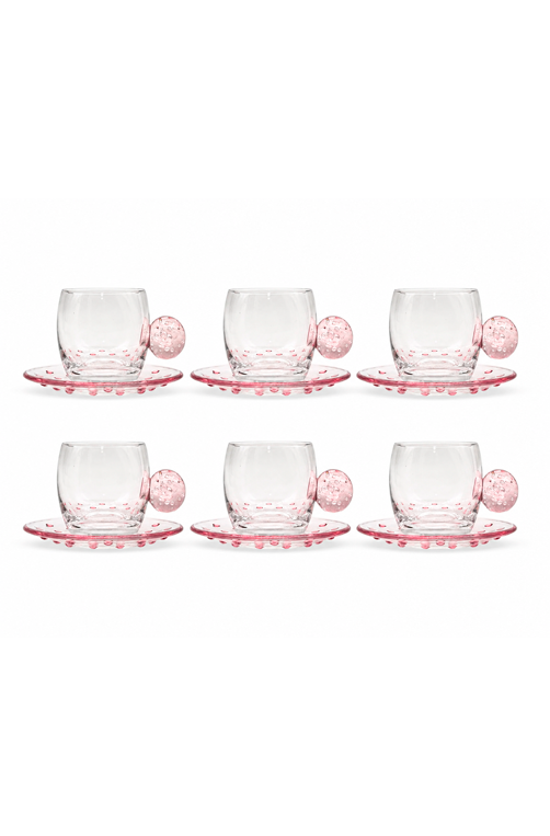 Conjunto de Xicara com Pires de Esfera Rosa em Vidro 120ml 6 Peças