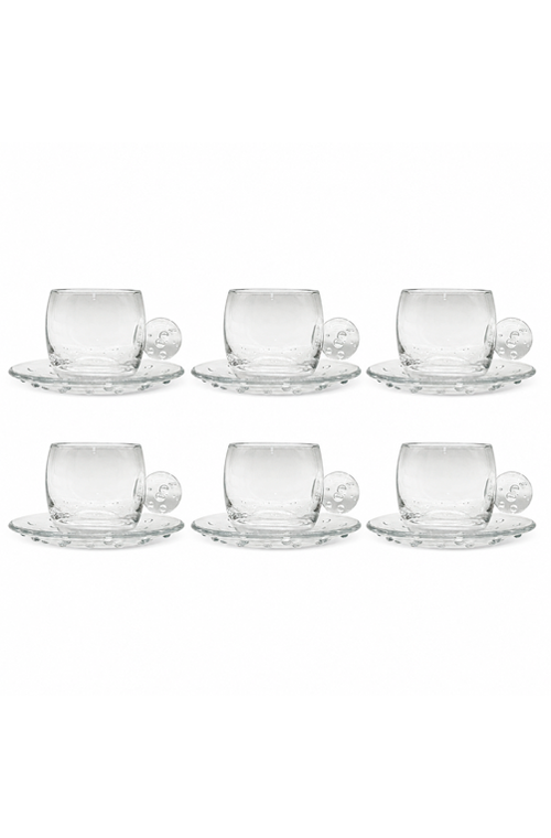 Conjunto de Xicara com Pires de Esfera Transparente em Vidro 120ml 6 Peças