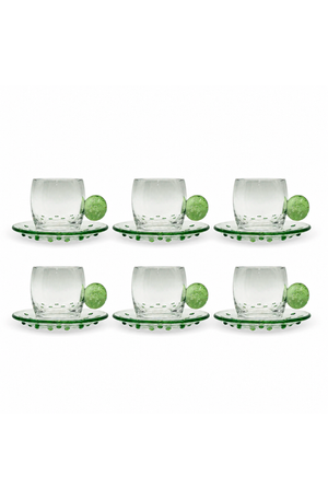 Conjunto de Xicara com Pires de Esfera Verde em Vidro 120ml 6 Peças