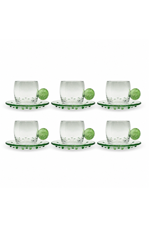 Conjunto de Xicara com Pires de Esfera Verde em Vidro 120ml 6 Peças
