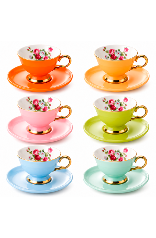 Jogo de Xicaras de Chá com Pires Chromesse Colorido em New Bone China 200ml 12 Peças