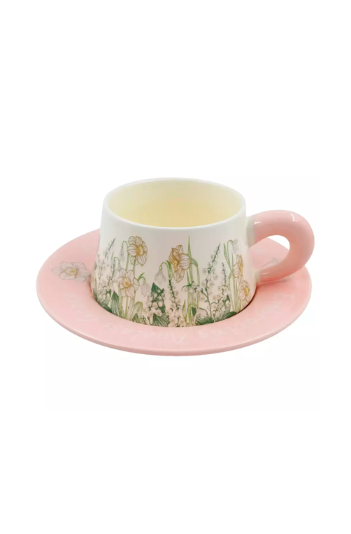 Xicara com Pires Floral Rosa em Cerâmica 250ml