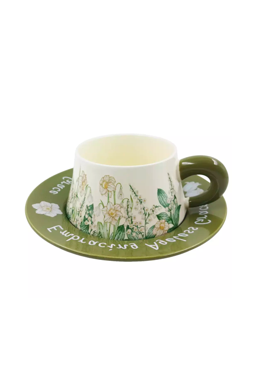 Xicara com Pires Floral Verde em Cerâmica 250ml