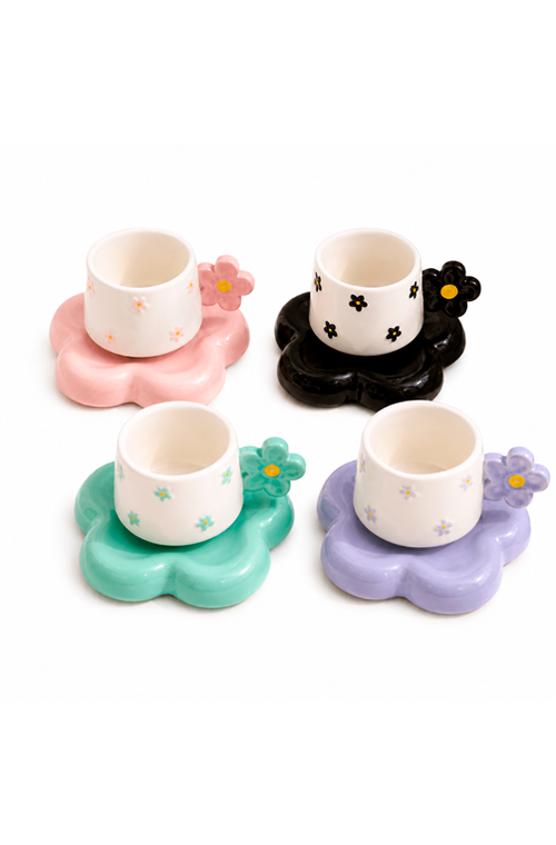 Conjunto de Xicara com Pires Linha Flowers em Cerâmica 90ml 6 Peças