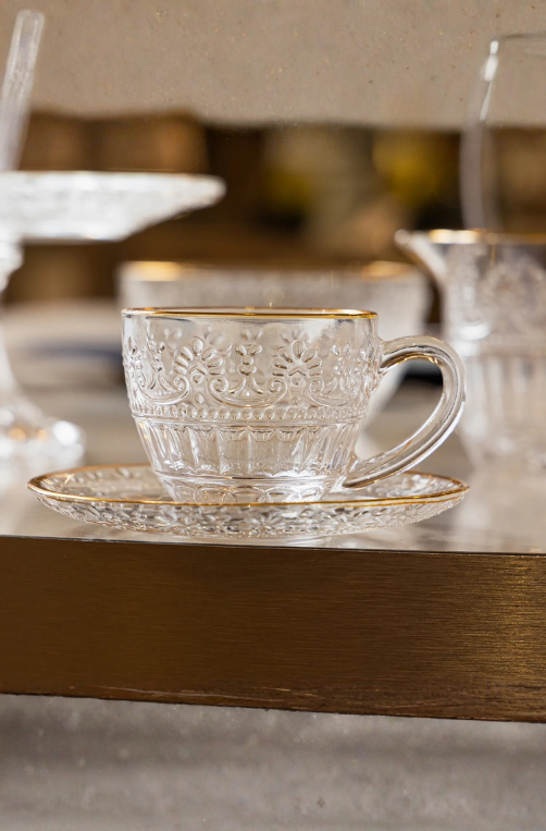 Conjunto 4 Xícaras de Café com Pires Mauve com Fio de Ouro 90ml Cristal